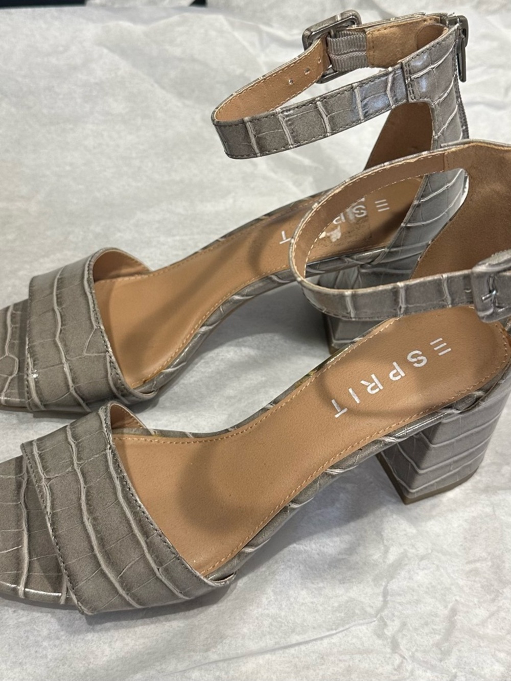 Esprit Gray Croc-Embossed Ankle-Strap Block Heel Sandals